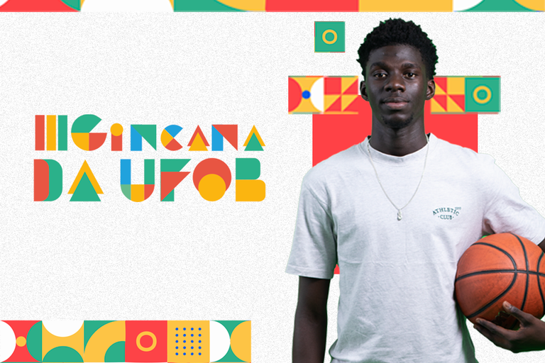 Arte em fundo branco com foto de estudante negro segurando uma bola de basquete e o texto "III Gincana da UFOB"