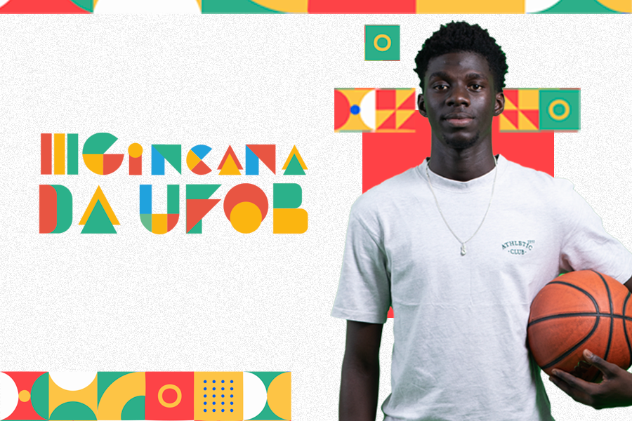 Arte em fundo branco com foto de estudante negro segurando uma bola de basquete e o texto "III Gincana da UFOB"