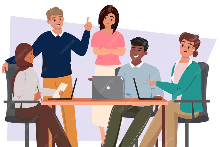 Ilustração de um grupo diverso de pessoas reunidas em torno de uma mesa, envolvidas em reunião de trabalho