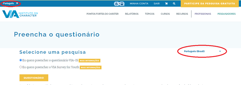 Como mudar idioma do VIA Survey