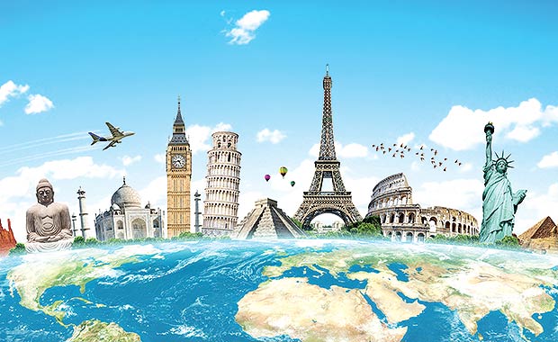 Imagem de vários pontos turísticos do mundo.