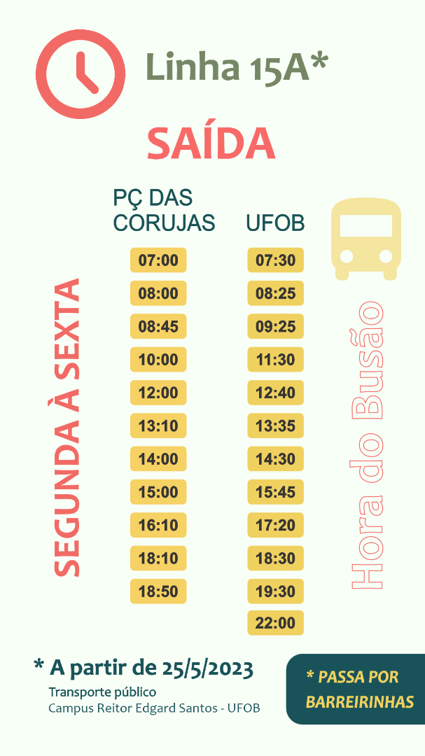 Alteração no horário do ônibus LINHA 15 e LINHA 15A a partir de 25/5/2023 —  Universidade Federal do Oeste da Bahia