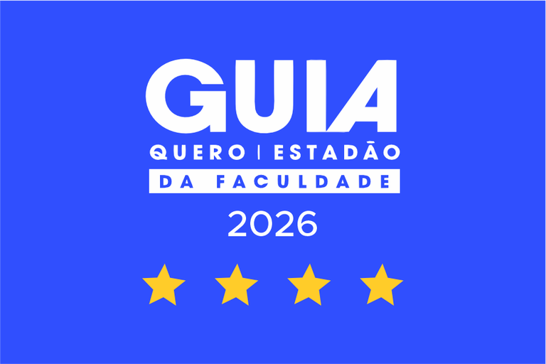 Arte em fundo azul com marca do Guia da Faculdade Estadão 2026 e a imagem de 4 estrelas