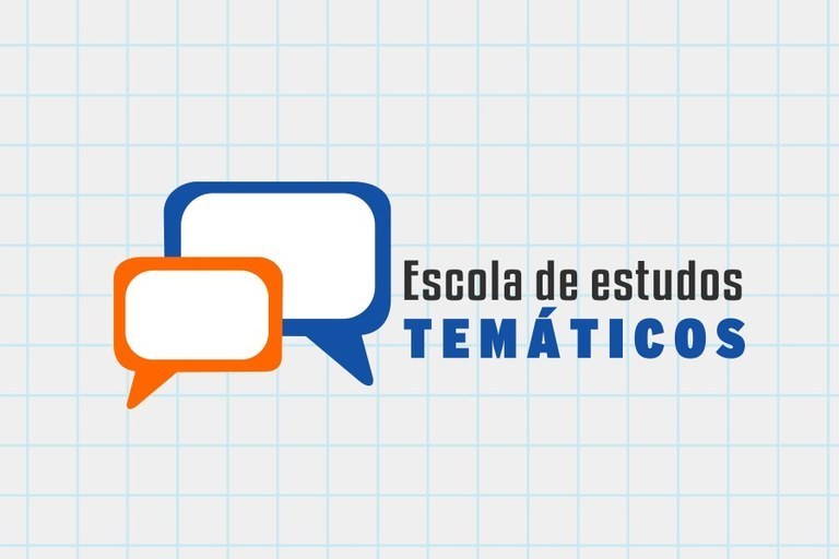 Arte em fundo cinza com dois balões de msg e texto "Escola de Estudos Temáticos"