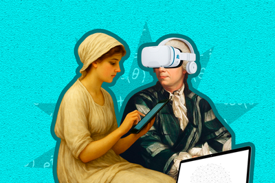 Arte em fundo verde claro que mistura clássicos da arte com a tecnologia moderna, apresentando uma mulher e um homem com um notebook 