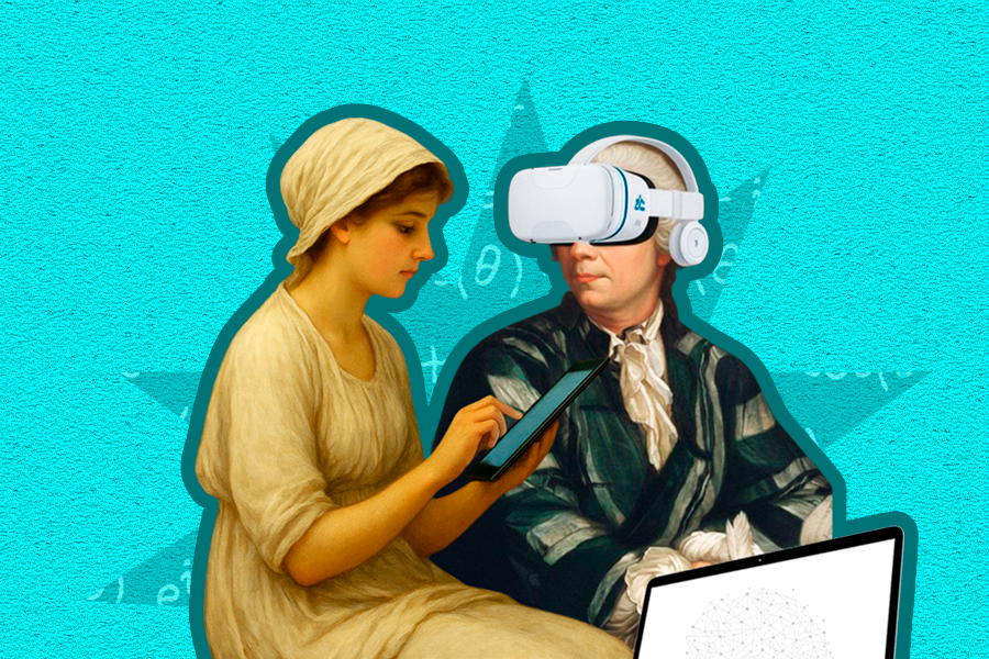 Arte em fundo verde claro que mistura clássicos da arte com a tecnologia moderna, apresentando uma mulher e um homem com um notebook 