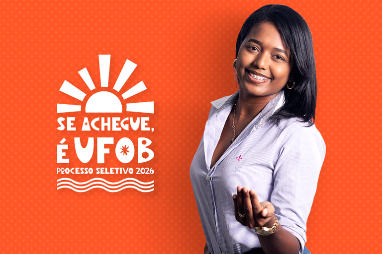 Arte em fundo laranja com fotos de estudante e marca Se achege, é UFOB!