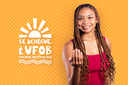 Arte em fundo laranja com marca da campanha "Se achegue, é UFOB" e estudante com o braço estendido chamando