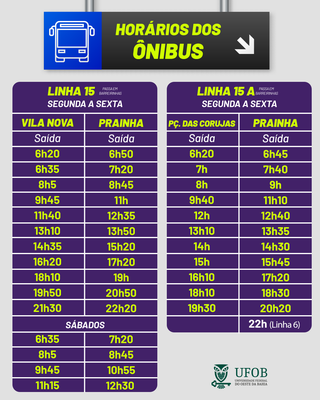 Card com horários dos ônibus da Linha 15