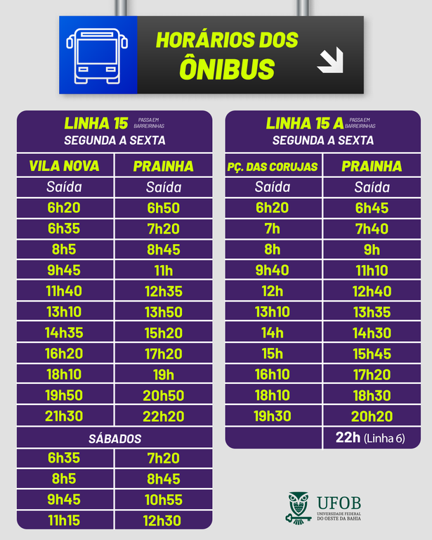 Card com horários dos ônibus da Linha 15
