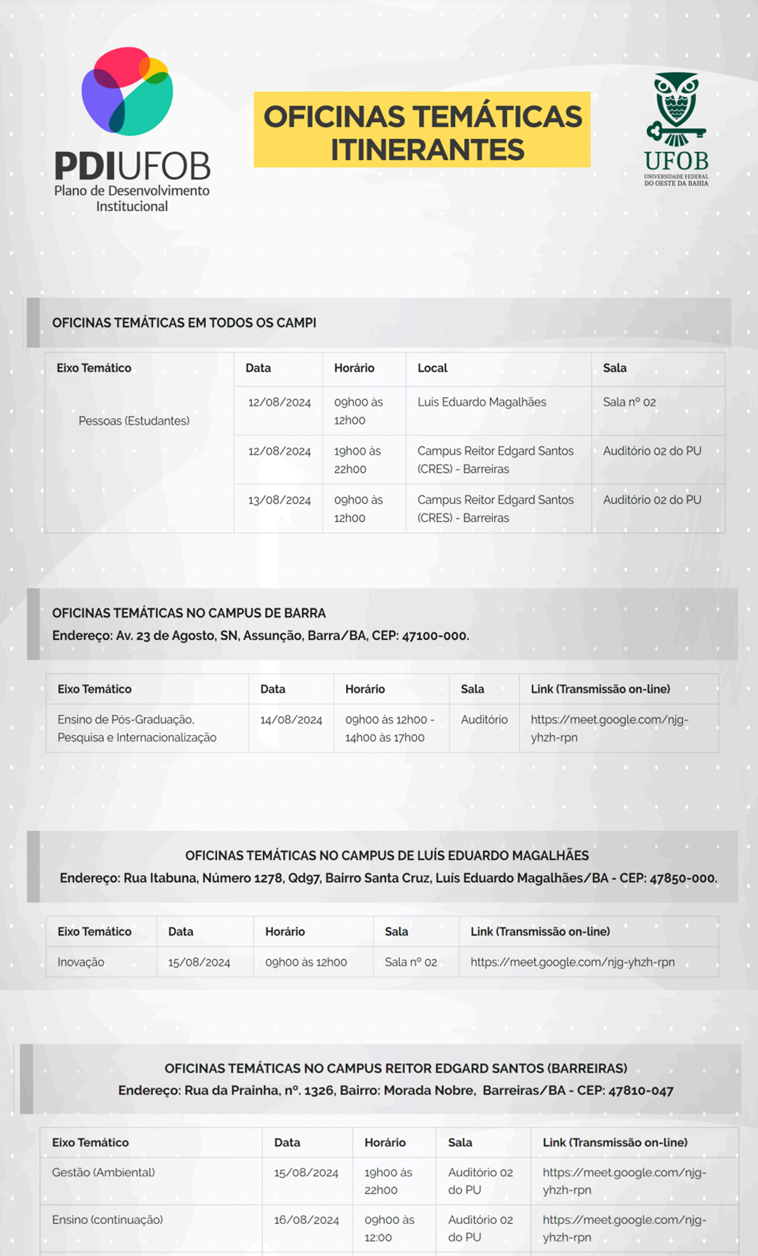 Programação das Oficinas Temáticas do novo PDI da UFOB