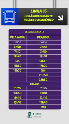 Novos horários da linha 15 durante o recesso 2024.1