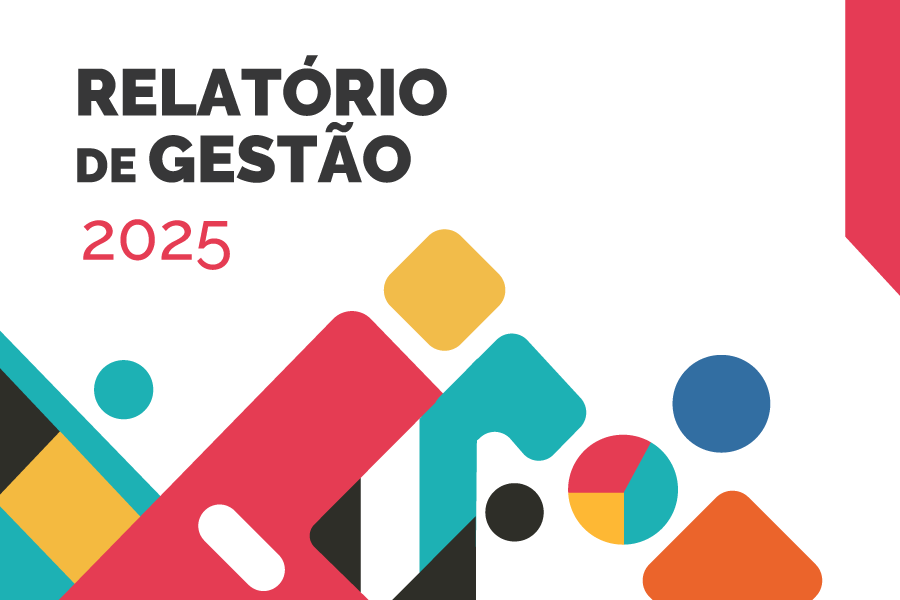 Arte em fundo branco com ícones coloridos e texto "Relatório de Gestão 2025"