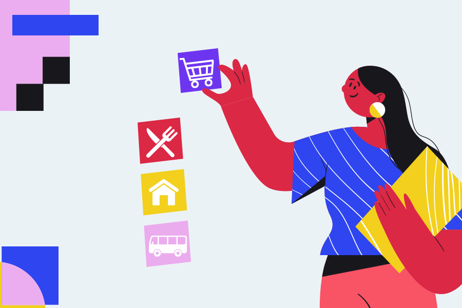 Arte com ilustração de pessoa acessando ícones que remetem carrinho de comprar, casa, refeição e transporte