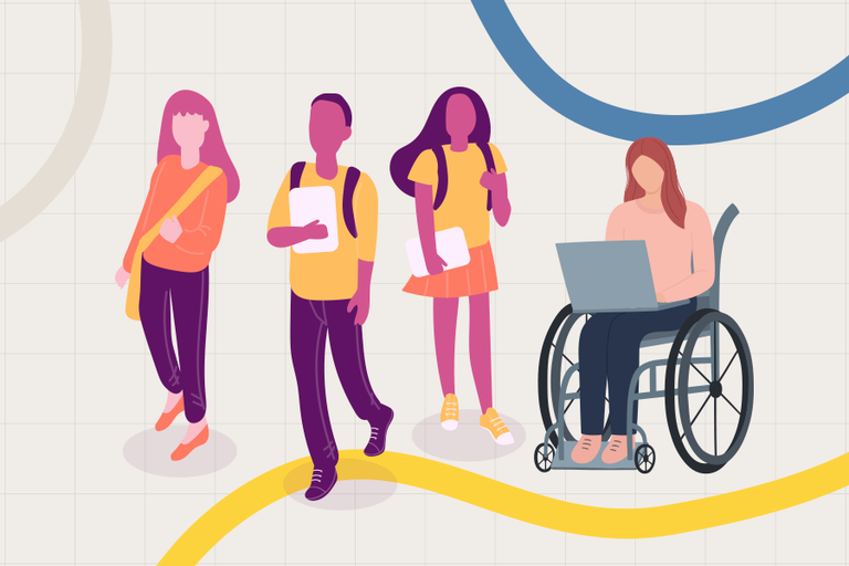 Imagem em fundo bege com desenhos de quatro pessoas estudantes: uma mulher branca, um homem e uma mulher preta e uma mulher cadeirante