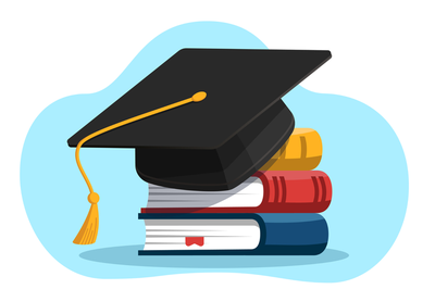 Arte em fundo branco com destaque em azul de imagens de livros e capelo