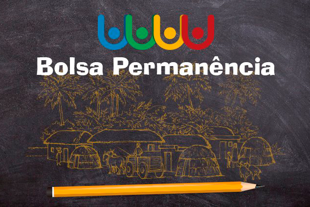 Arte em fundo preto com desenho de quadro negro, ícones e marca do Programa Bolsa Permanência