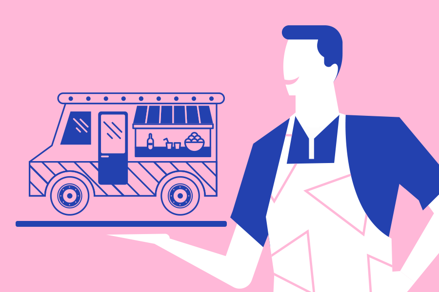 Esta ilustração em estilo plano apresenta um vendedor sorridente com um avental, apresentando um food truck azul com detalhes em azul-marinho em um fundo rosa vibrante.