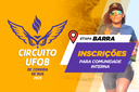 Arte com em fundo laranja com marca do Circuito UFOB de Corrida de Rua de 2025, seguida do texto Inscrições Abertas para Etapa de Barra Comunidade Interna