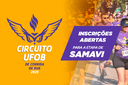 Arte com em fundo laranja com marca do Circuito UFOB de Corrida de Rua de 2025, seguida do texto Inscrições Abertas para Etapa de SaMaVi  