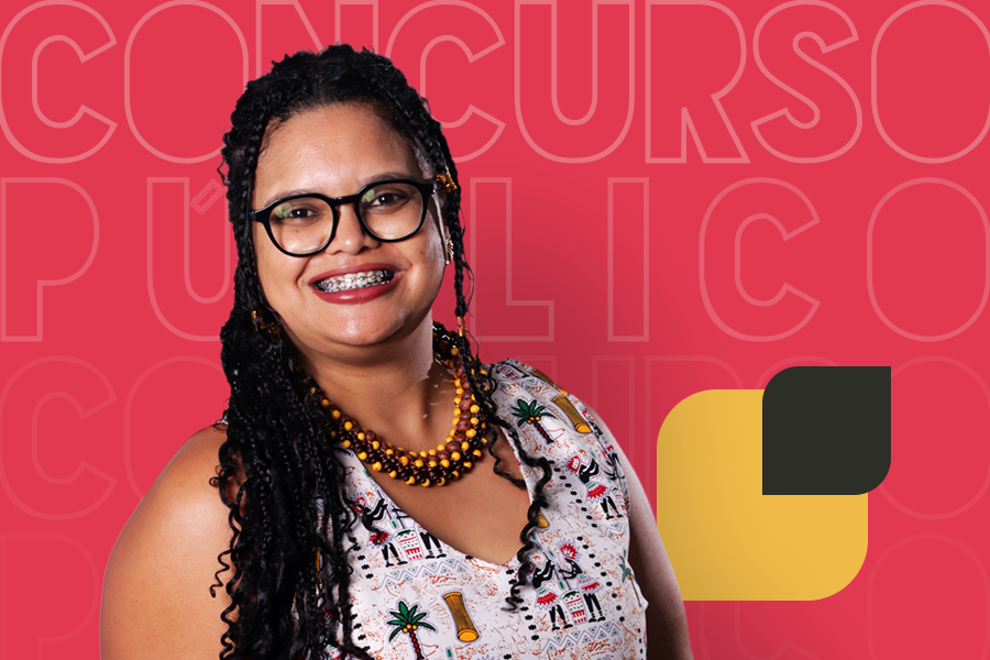 Arte em fundo vermelho com foto de professora da UFOB