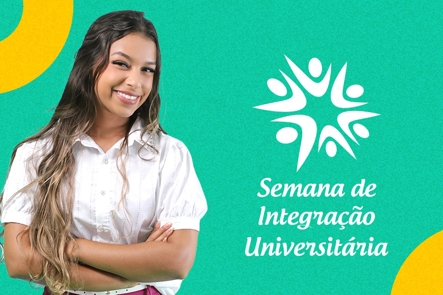 Arte em fundo verde com foto de estudante, seguida de texto "Semana de Integração Universitária"