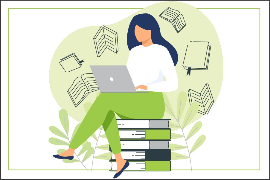 Imagem em fundo branco com sombra verde de mulher sentada sobre uma pulha de livros e com notebook na mão