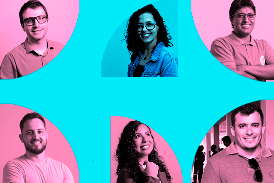 Arte com fundo azul e imagens de servidores e servidoras da UFOB