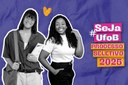 Arte em fundo lilás com imagem de duas pessoas estudantes, seguido pelo texto "Seja UFOB #Processo Seletivo 2025"