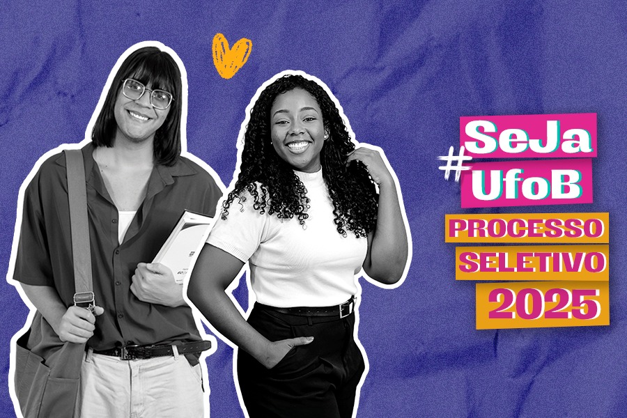 Arte em fundo lilás com imagem de duas pessoas estudantes, seguido pelo texto "Seja UFOB #Processo Seletivo 2025"