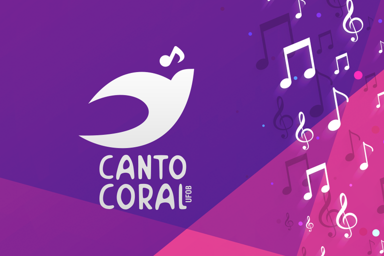 Arte em fundo lilás e rosa com marca do Projeto Canto Coral e símbolos de notas musicais