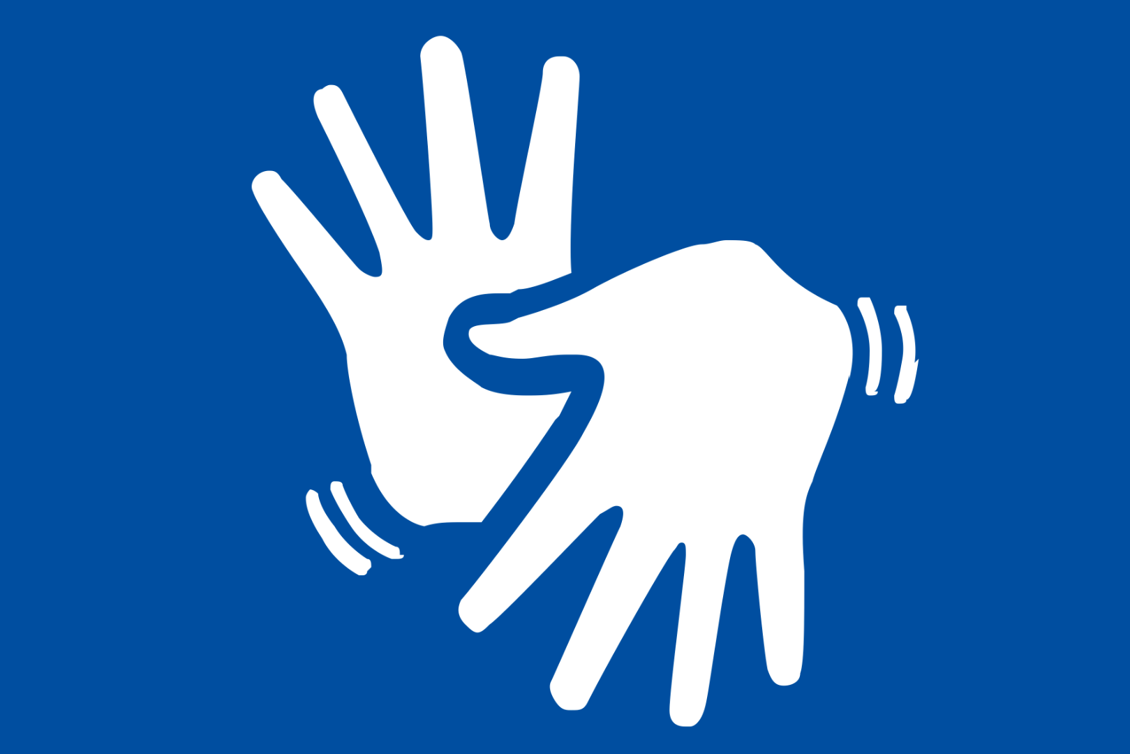 Imagem de ilustração em branco e azul representa duas mãos em contato, como um símbolo de linguagem de sinais.