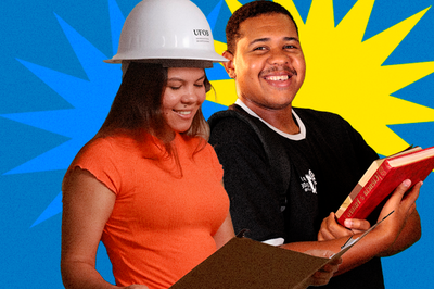 Imagem em fundo azul com desenho de sol de dois estudantes da UFOB: uma com capacete e prancheta e outro com livro na mão