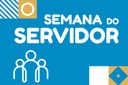 Arte em fundo azul com texto "Semana do Servidor" e ícones de pessoas