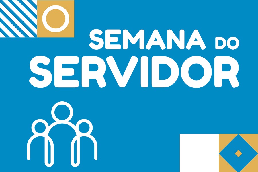 Arte em fundo azul com texto "Semana do Servidor" e ícones de pessoas