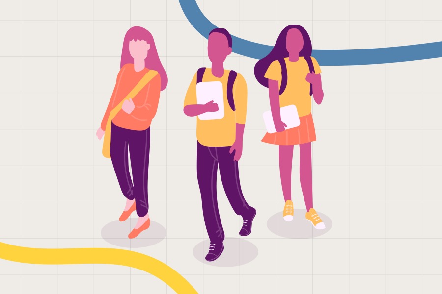 Arte em fundo bege com desenhos de duas mulheres e um homem