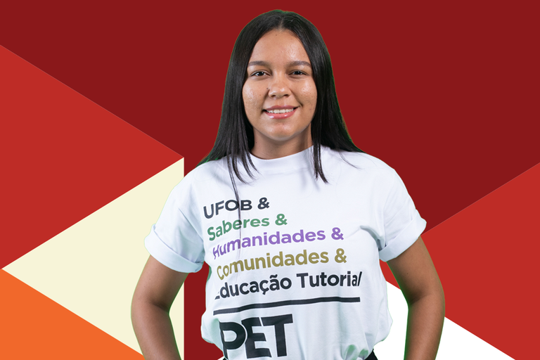 Arte em fundo colorido com foto de estudante com camisa do PET