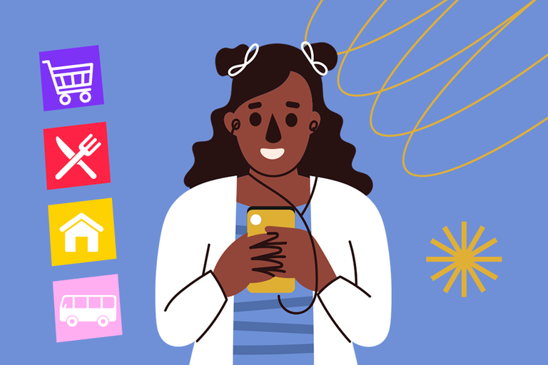 Arte em fundo lilás com desenho de mulher negra e símbolos de carrinho de compras, comida, casa e transporte