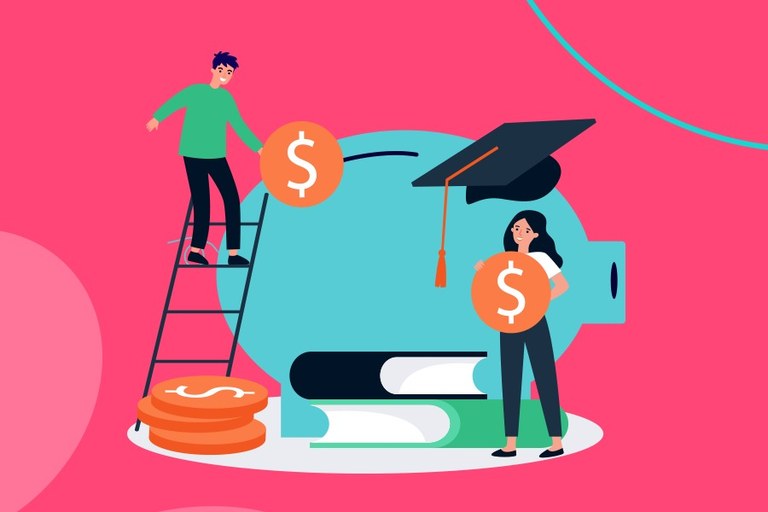 Imagem em fundo rosa de duas pessoas estudantes, uma subindo a escada outra com um cifrão na mão e um capelo ao alto