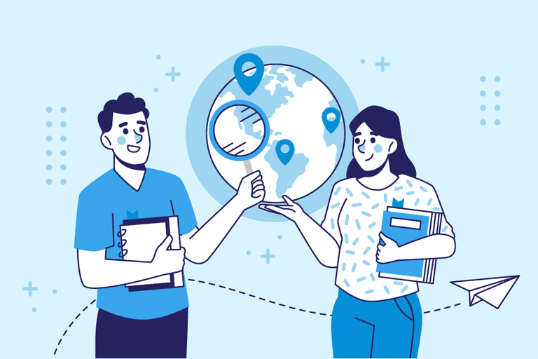 Arte com fundo azul com desenho de um homem e uma mulher com o globo ao fundo