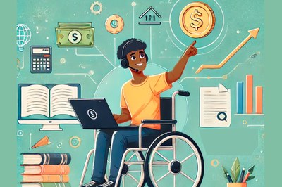 Imagem em fundo verde com desenho de pessoa cadeirante ao centro e ícones de tecnologia assistiva ao redor