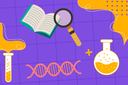 Arte em fundo lilás, com ilustração em estilo plano apresenta elementos científicos, incluindo um livro aberto, uma lupa, um tubo de ensaio, um frasco de Erlenmeyer e uma molécula de DNA sobre um fundo roxo.