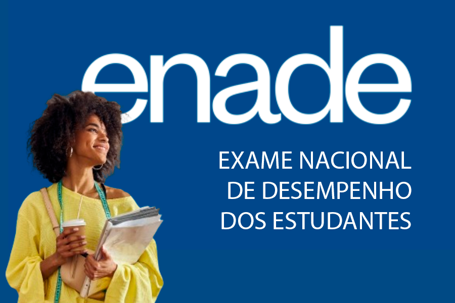 Arte em fundo azul com foto de mulher negra e texto "Enade | Exame Nacional de Desempenho dos Estudantes"