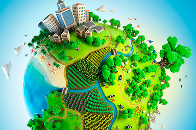 Arte com fundo azul e imagem do globo, cercado por área verde e edificações