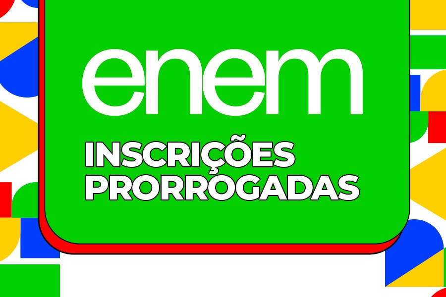 Arte em fundo colorido com cor central verde e texto "Enem Inscrições Prorrogadas"