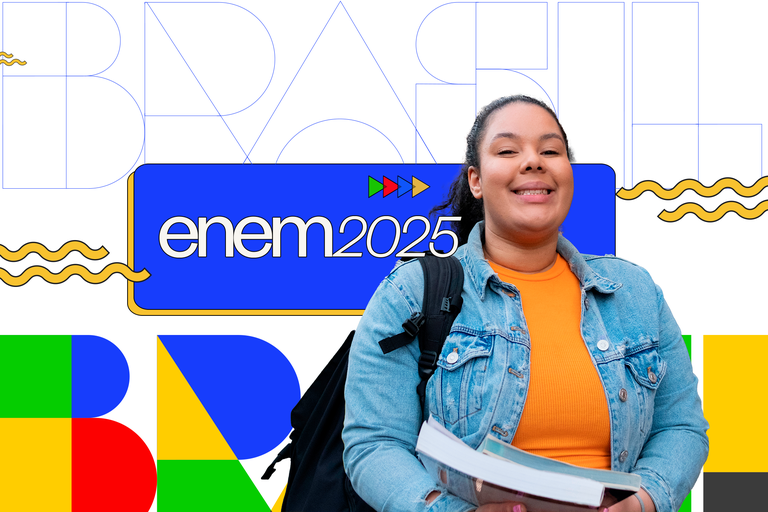 Arte em fundo branco com foto de uma estudante com mochila seguida do texto "Enem 2025 | Brasil"