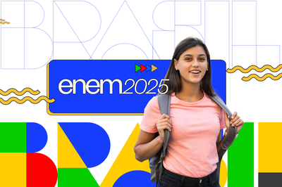 Arte em fundo branco com foto de uma estudante com mochila seguida do texto "Enem 2025 | Brasil"