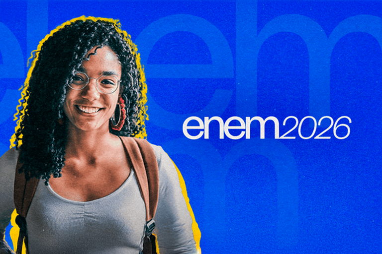  Arte em fundo azul com foto de estudante e marca do Enem 2026