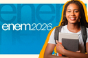 Arte em fundo azul com foto de estudante e texto "Enem 2026"