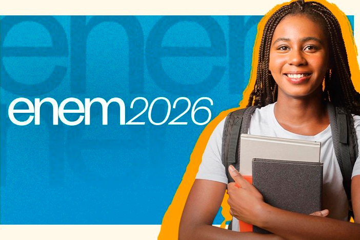 Arte em fundo azul com foto de estudante e texto "Enem 2026"